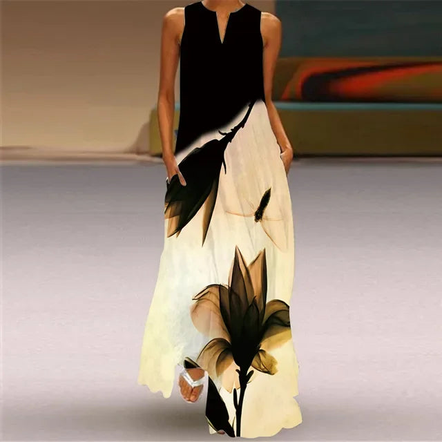 Robe Longue Imprimée Artistique — Col en V, Sans Manches, Poche, Longueur Sol