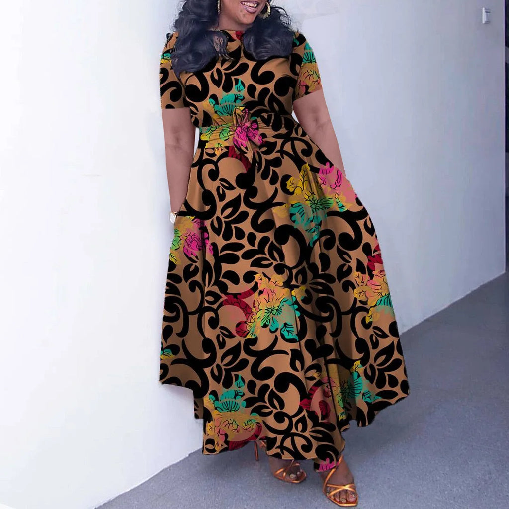 Robe Longue Imprimée avec Ceinture — Col Rond, Manches Courtes, Longueur Cheville