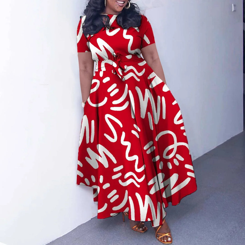 Robe Longue Imprimée avec Ceinture — Col Rond, Manches Courtes, Longueur Cheville