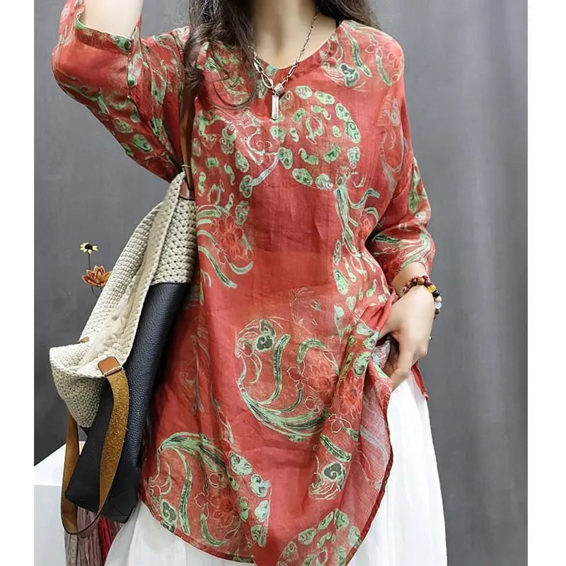 Chemise Mi-Longue Style Chinois — Col Mandarin, Manches Courtes, Imprimé Floral, Coupe Lâche