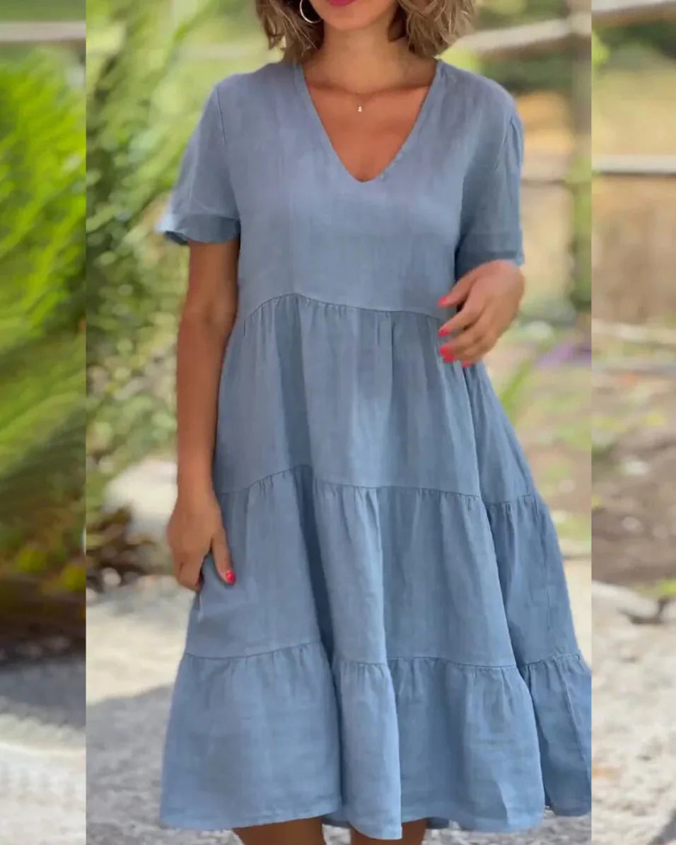 Robe Décontractée Col en V — Manches Courtes, Lin & Fibre, Longueur Genou, Silhouette Une Ligne