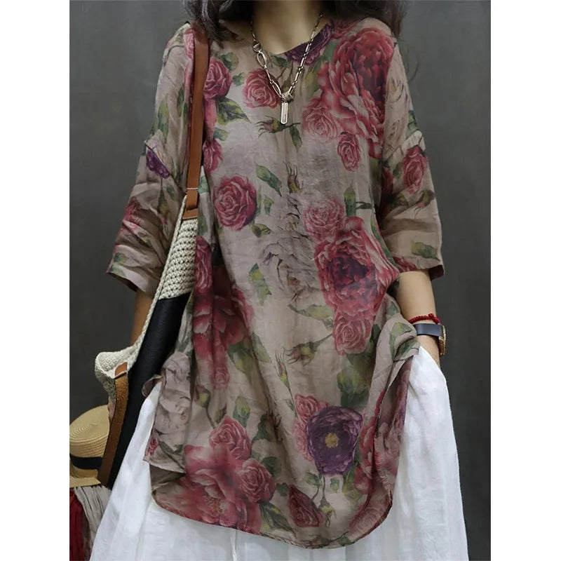 Chemise Mi-Longue Style Chinois — Col Mandarin, Manches Courtes, Imprimé Floral, Coupe Lâche