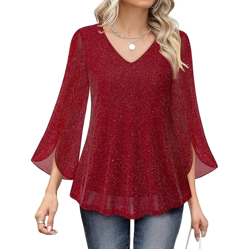 Chemise Ample Col en V — Manches 3/4 Évasées, Ouverture Totale, Coupe Régulière
