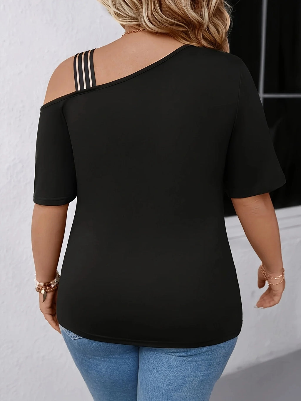 T-shirt Rayé Nœud Épaule Dénudée — Manches Courtes, Col Rond, Coupe Lâche