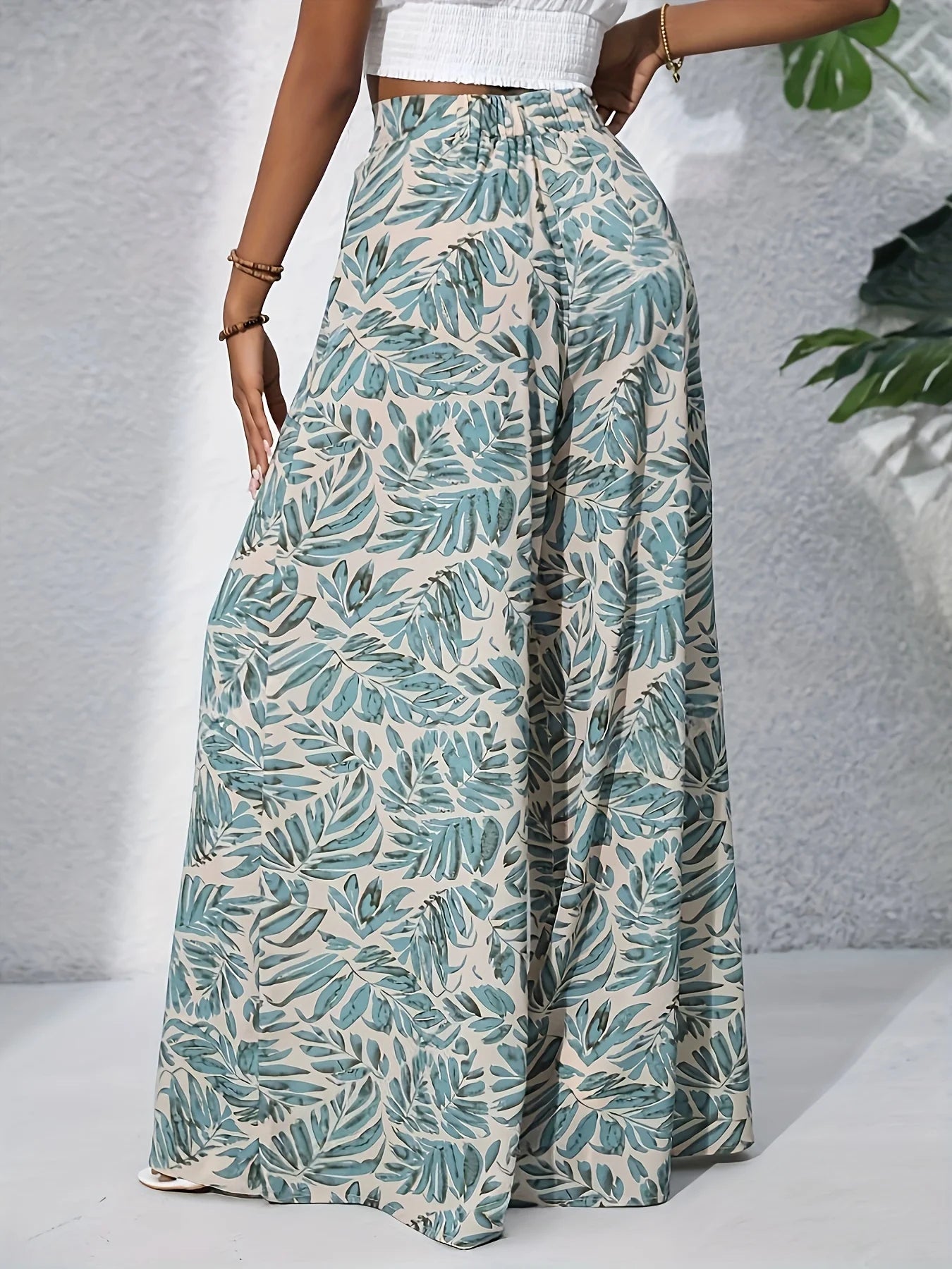 Pantalon Large Imprimé Floral — Taille Haute, Poche, Pleine Longueur