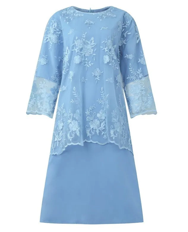 Ensemble 2 Pièces Robe Soirée — Col Rond, Broderie Dentelle, Manches 3/4, Slim Fit