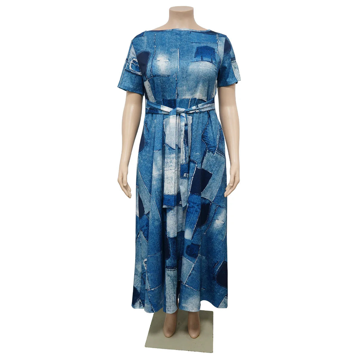 Robe Longue Imprimée — Col Rond, Manches Courtes, Longueur Cheville