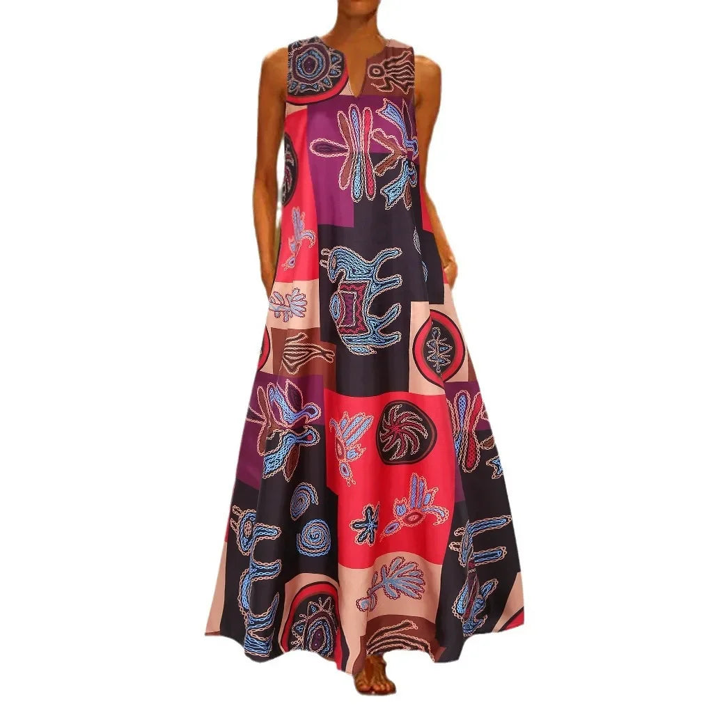 Robe Longue Imprimée Artistique — Col en V, Sans Manches, Poche, Longueur Sol
