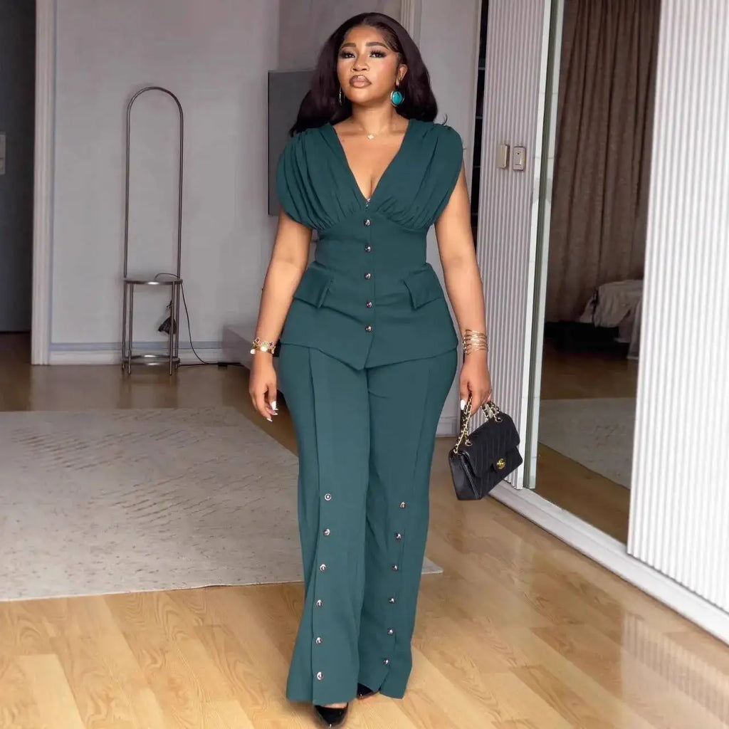 Ensemble 2 Pièces Col en V & Taille Cintrée — Pantalon Jambes Larges, Poche, Longueur Cheville