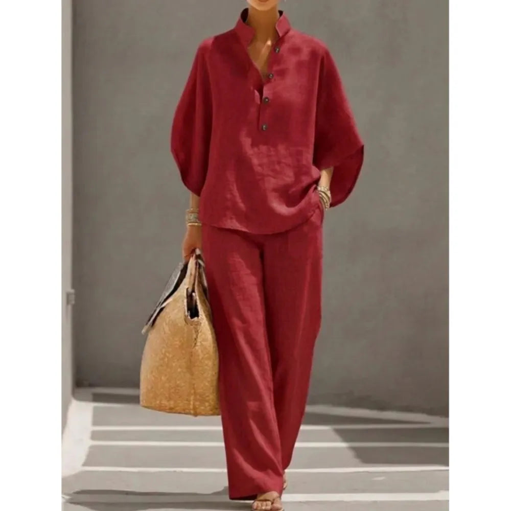 Ensemble 2 Pièces Coton & Lin – Chemise Col Montant Boutonnée & Pantalon Cheville