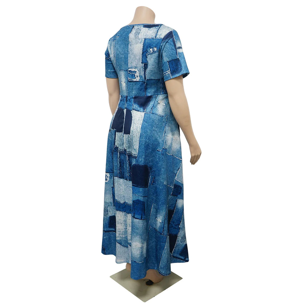 Robe Longue Imprimée — Col Rond, Manches Courtes, Longueur Cheville