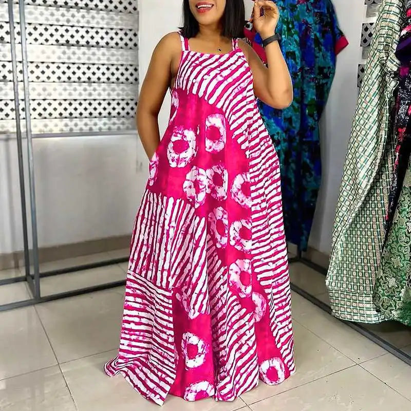 Robe Maxi Bohème Imprimée — Col Carré, Sans Manches, Longueur Cheville