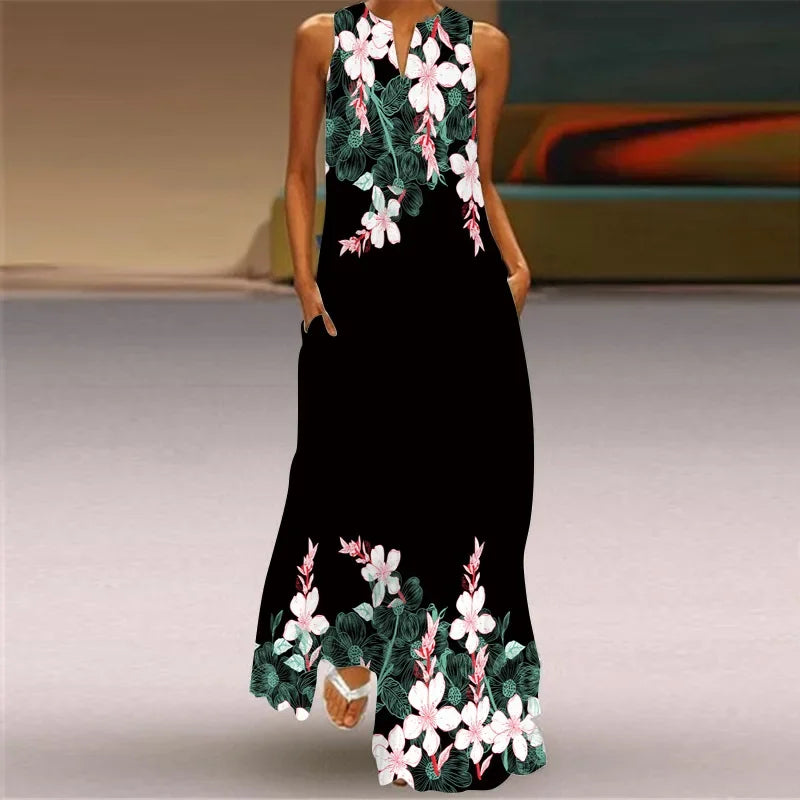 Robe Longue Imprimée Artistique — Col en V, Sans Manches, Poche, Longueur Sol