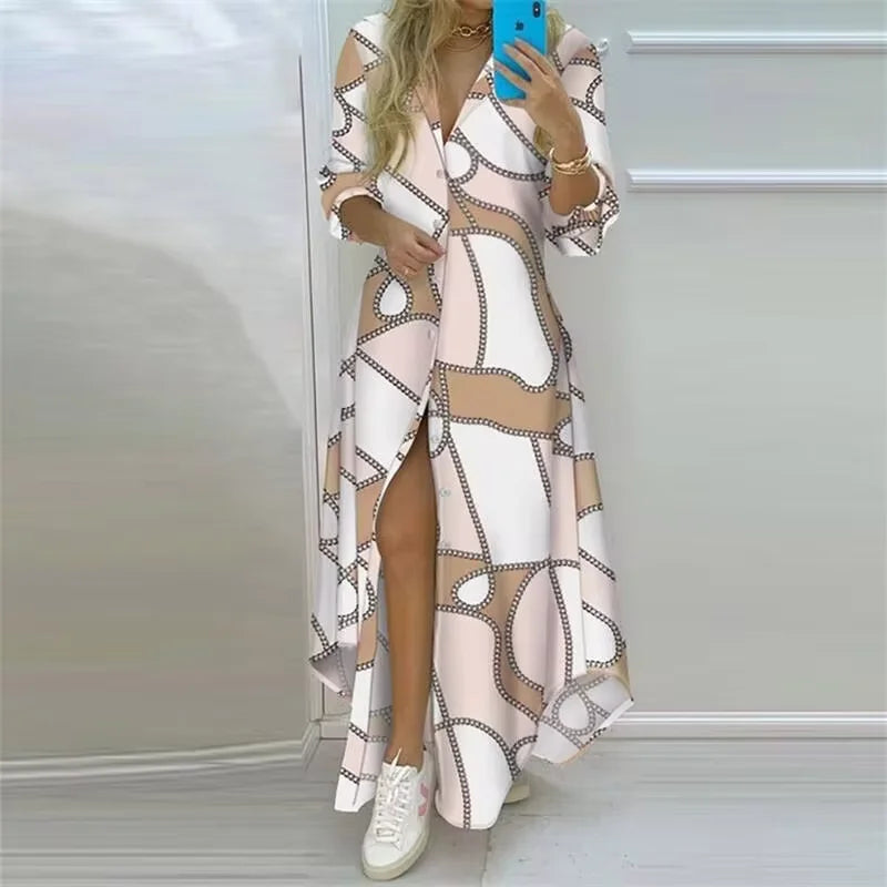 Robe Longue Bohème Imprimée — Col Rabattu, Manches Longues, Longueur Cheville
