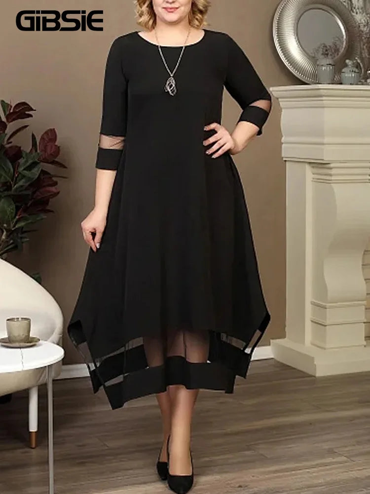 Robe Longue Noire en Maille — Col Rond & Manches Trois-Quarts