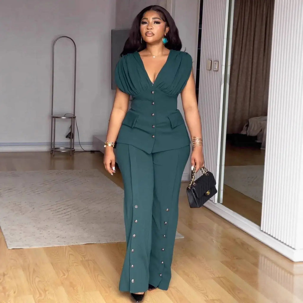 Ensemble 2 Pièces Col en V & Taille Cintrée — Pantalon Jambes Larges, Poche, Longueur Cheville