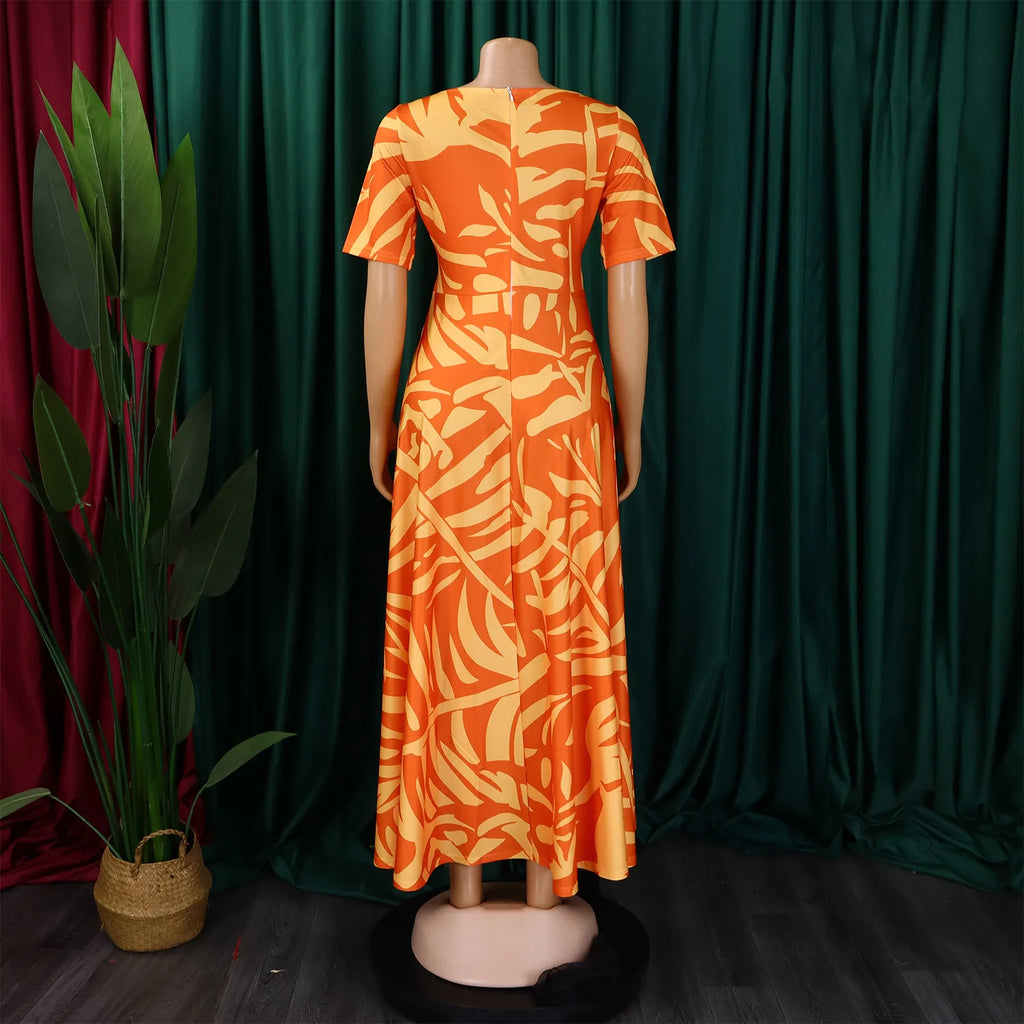 Robe Longue Imprimée avec Ceinture — Col Rond, Manches Courtes, Longueur Cheville