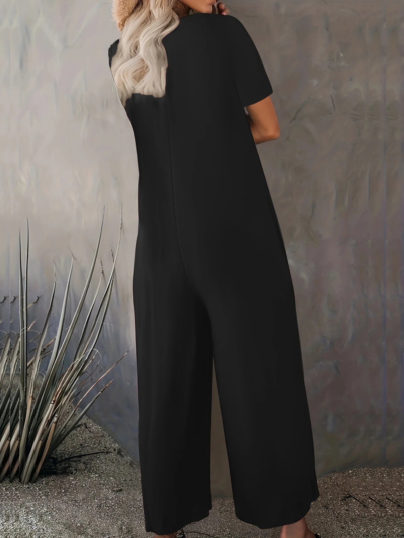 Combinaison Salopette Jambes Larges — Couleur Unie, Manches Courtes & Poches
