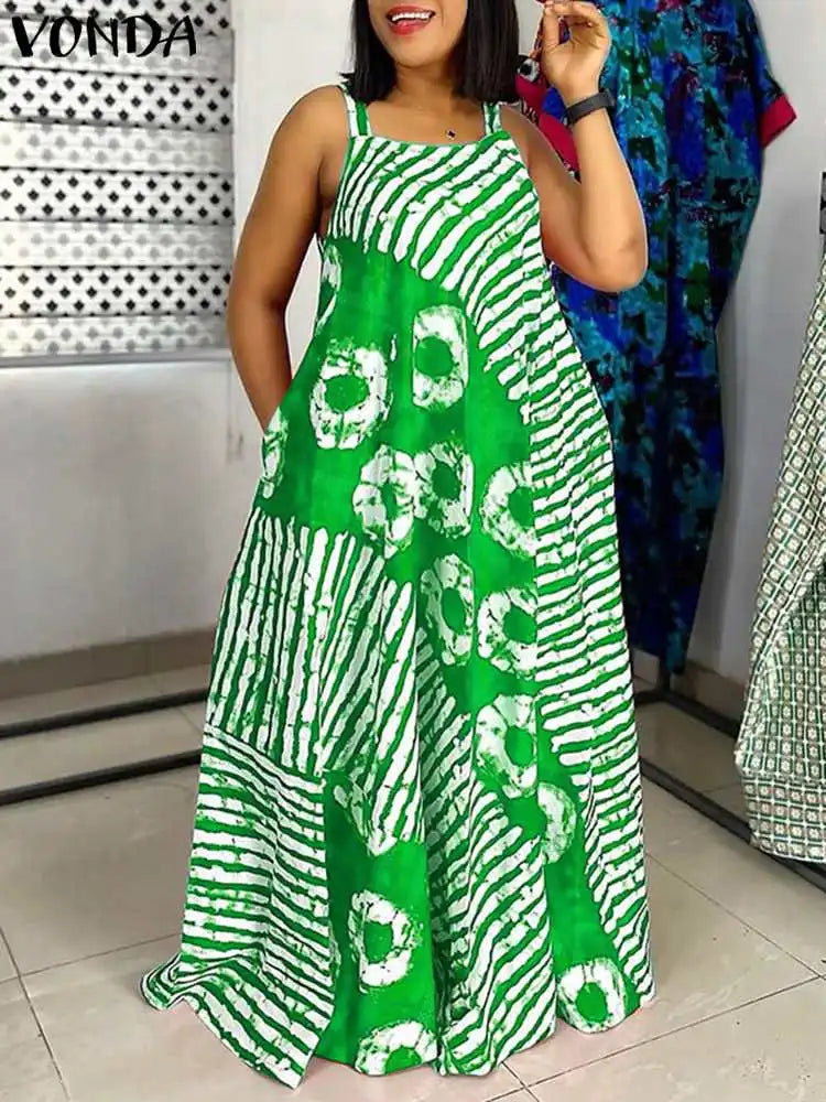 Robe Maxi Bohème Imprimée — Col Carré, Sans Manches, Longueur Cheville
