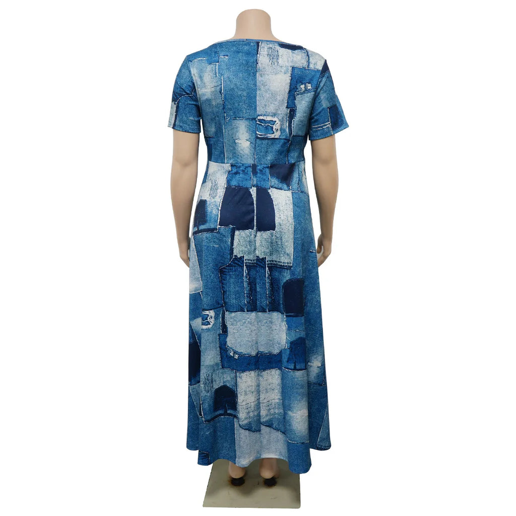 Robe Longue Imprimée — Col Rond, Manches Courtes, Longueur Cheville