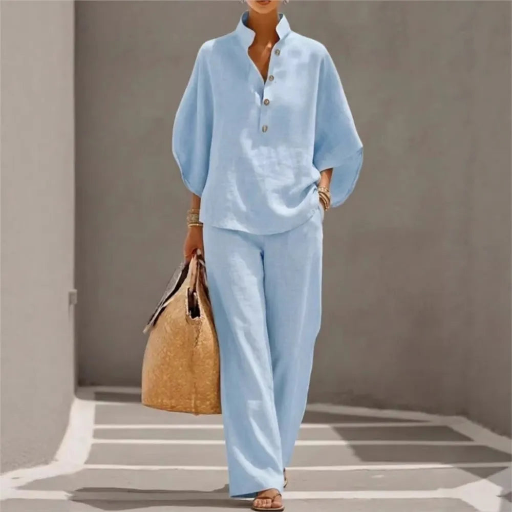 Ensemble 2 Pièces Coton & Lin – Chemise Col Montant Boutonnée & Pantalon Cheville