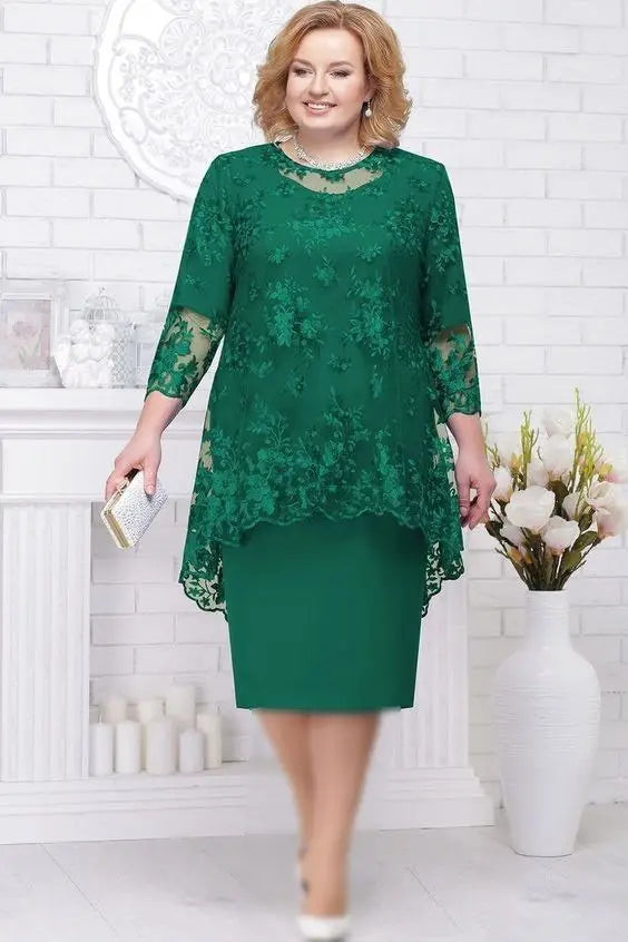 Ensemble 2 Pièces Robe Soirée — Col Rond, Broderie Dentelle, Manches 3/4, Slim Fit