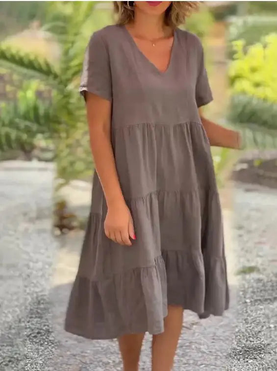 Robe Décontractée Col en V — Manches Courtes, Lin & Fibre, Longueur Genou, Silhouette Une Ligne