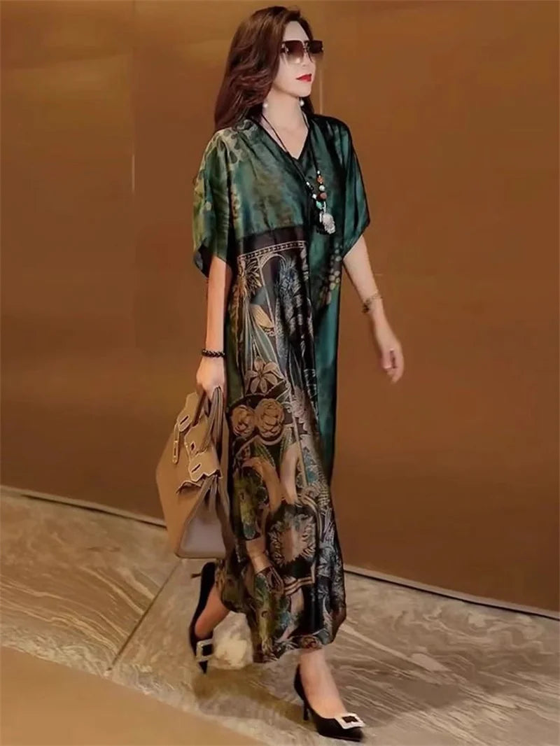Robe Longue Rétro — Col en V, Imprimé Floral & Poche