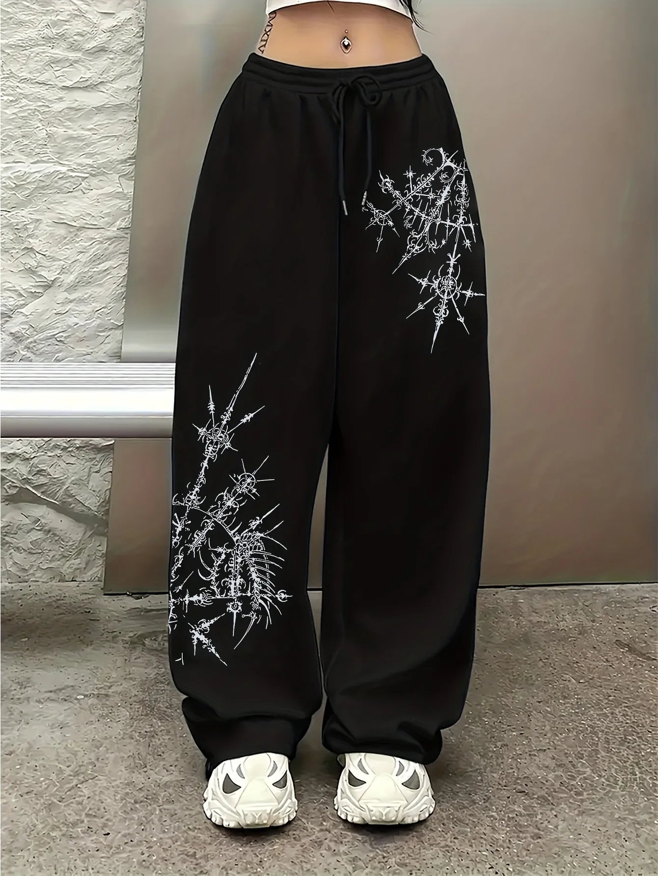 Pantalon Jogging Jambes Larges — Cordon de Serrage, Appliques, Style Streetwear