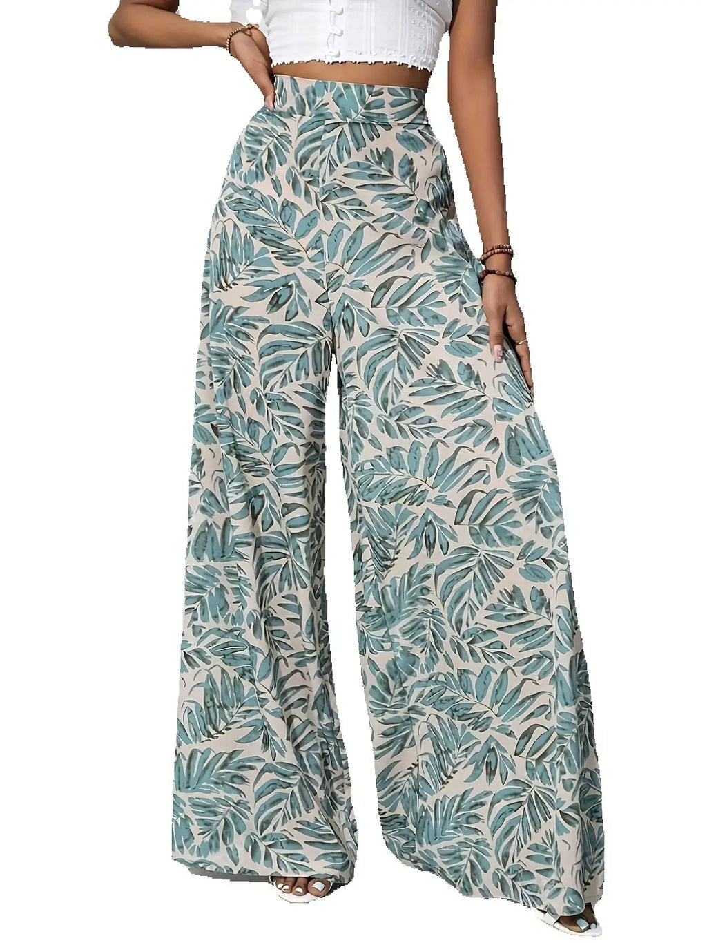 Pantalon Large Imprimé Floral — Taille Haute, Poche, Pleine Longueur