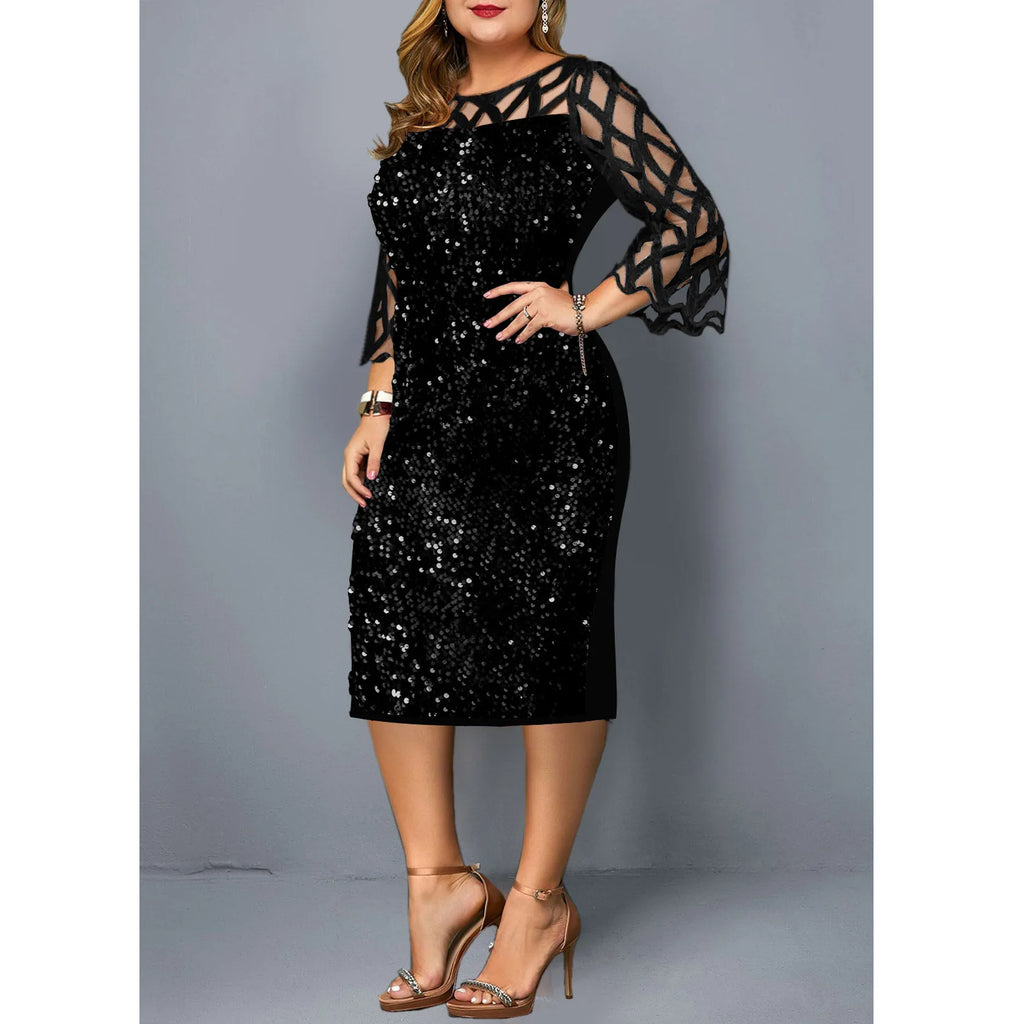 Robe Midi Sequins — Manches Courtes, Silhouette Une Ligne, Style Soirée