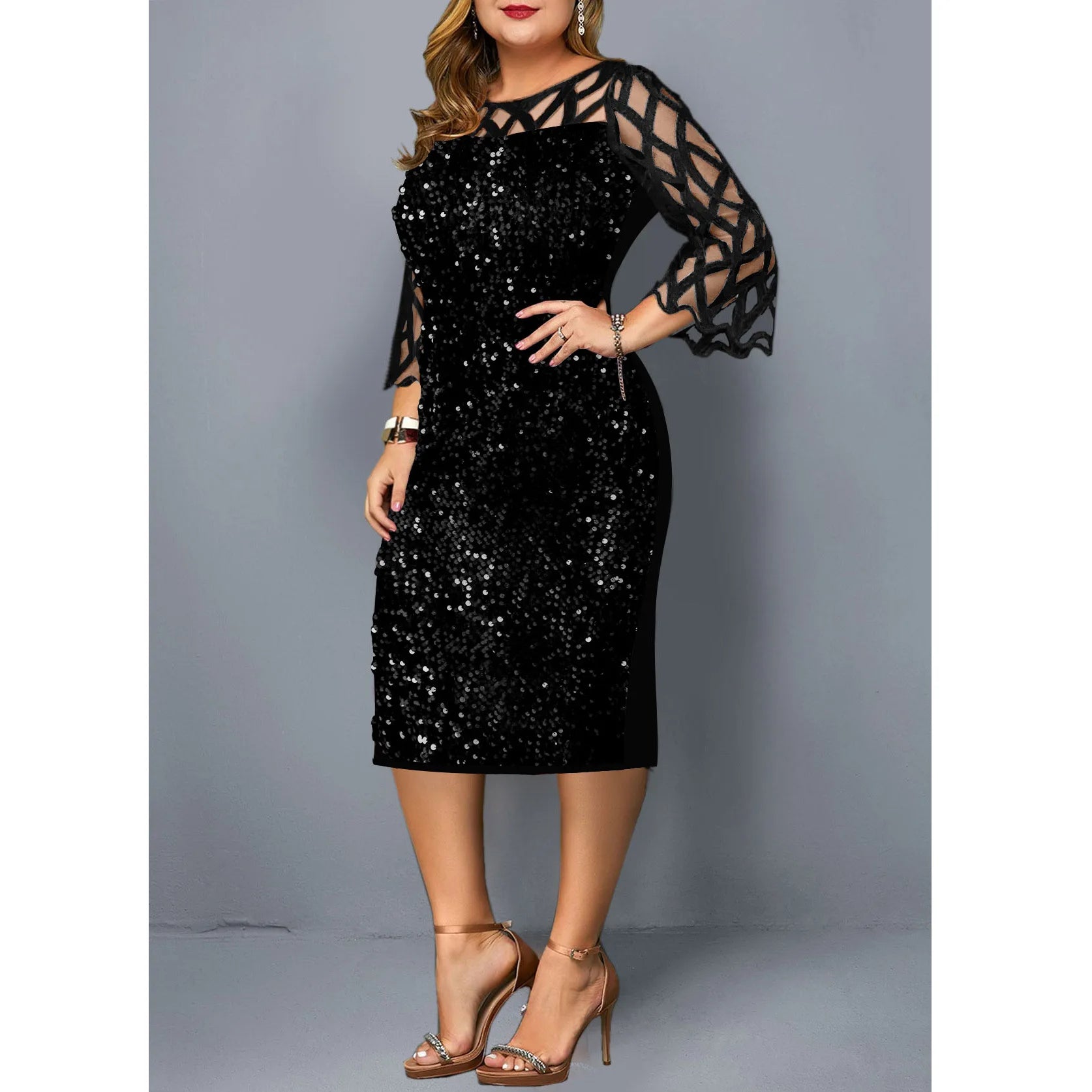 Robe Midi Sequins — Manches Courtes, Silhouette Une Ligne, Style Soirée