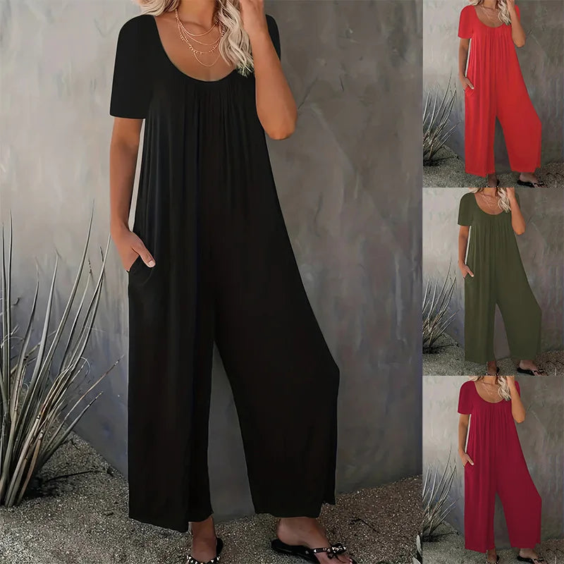Combinaison Salopette Jambes Larges — Couleur Unie, Manches Courtes & Poches