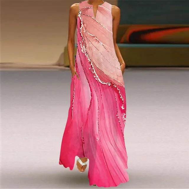 Robe Longue Imprimée Artistique — Col en V, Sans Manches, Poche, Longueur Sol