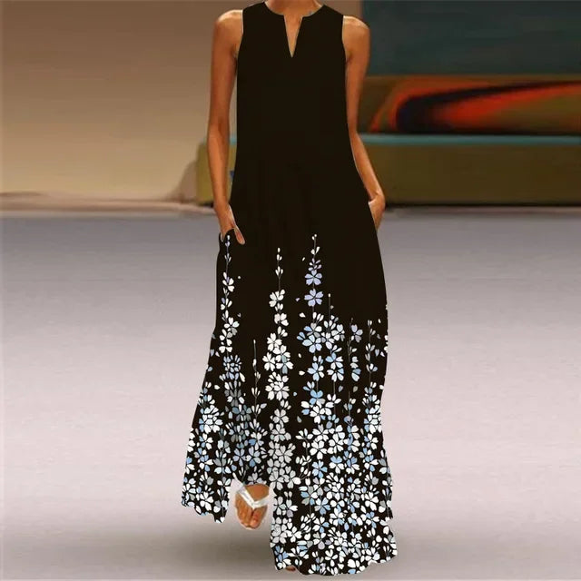 Robe Longue Imprimée Artistique — Col en V, Sans Manches, Poche, Longueur Sol