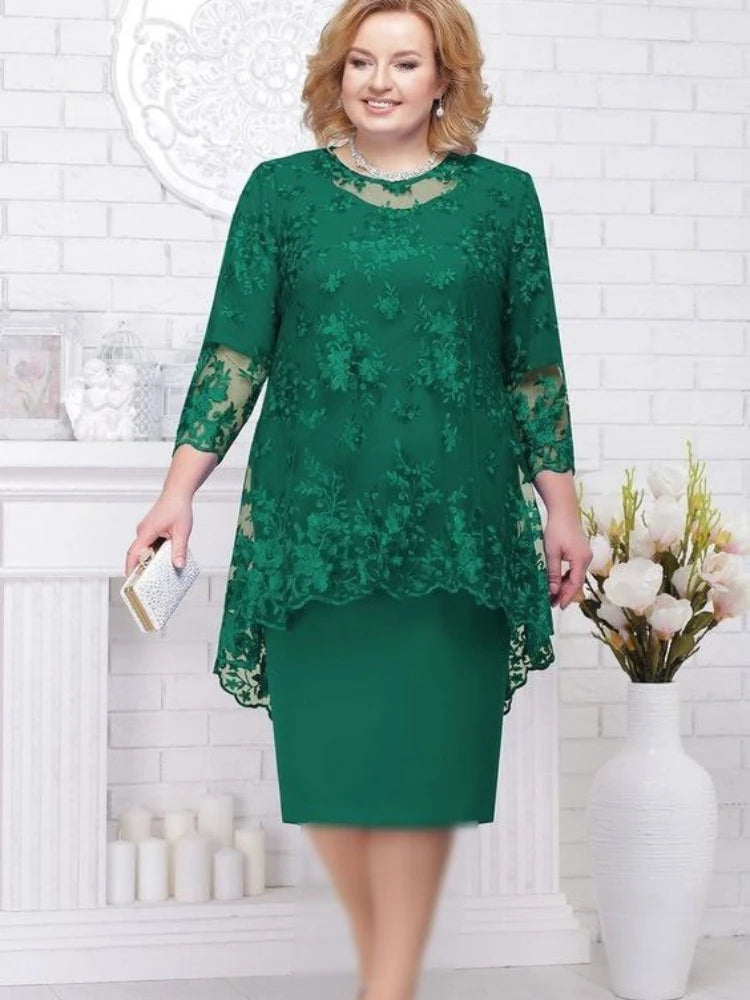 Ensemble 2 Pièces Robe Soirée — Col Rond, Broderie Dentelle, Manches 3/4, Slim Fit
