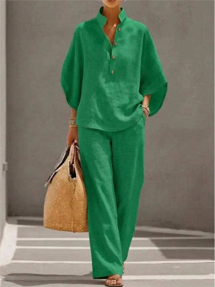 Ensemble 2 Pièces Coton & Lin – Chemise Col Montant Boutonnée & Pantalon Cheville