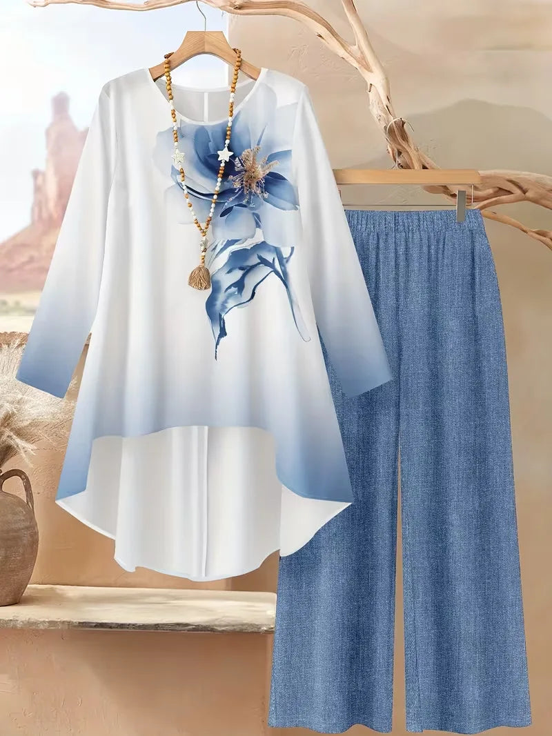 Ensemble 2 Pièces Floral — Haut Manches Longues & Pantalon Jambes Larges