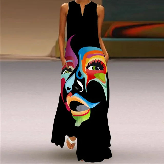 Robe Longue Imprimée Artistique — Col en V, Sans Manches, Poche, Longueur Sol