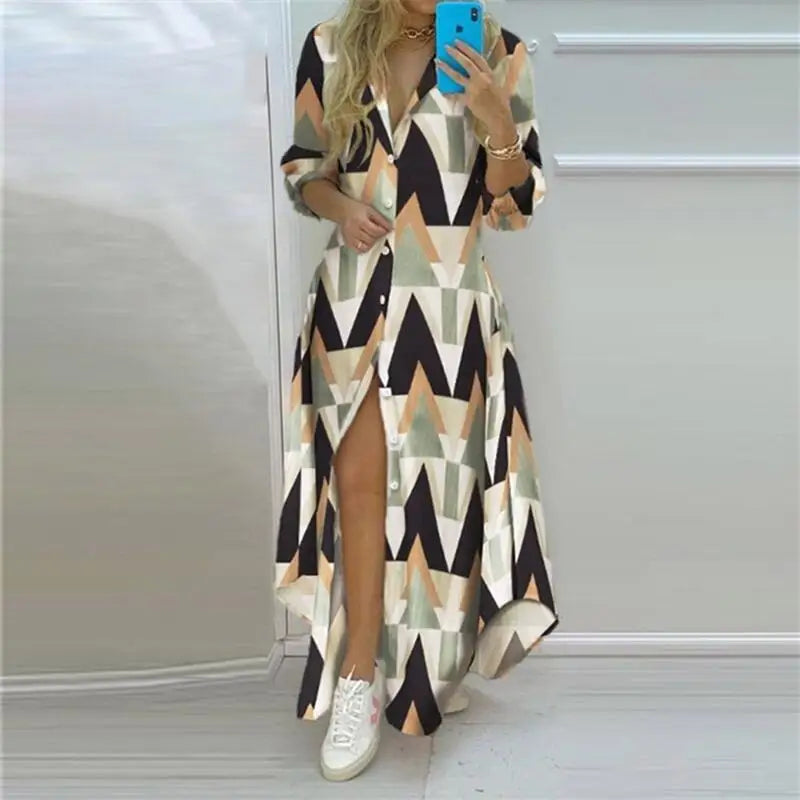 Robe Longue Bohème Imprimée — Col Rabattu, Manches Longues, Longueur Cheville