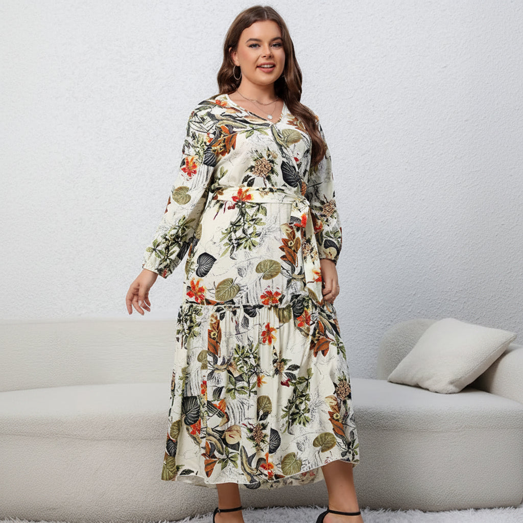 Robe Longue Florale Abricot – Ceinturée, Col V & Manches Longues