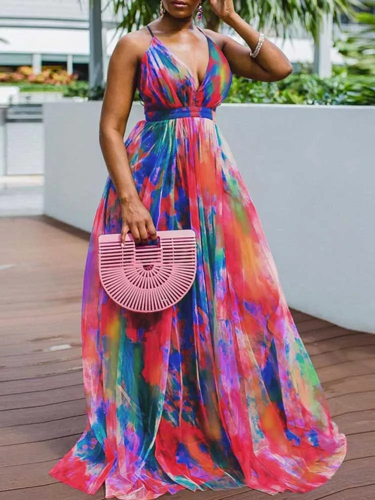 Robe Longue Dos Nu — Col en V, Imprimé Tie-Dye & Ourlet en Maille