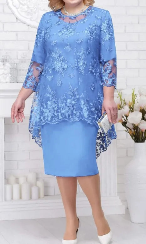 Ensemble 2 Pièces Robe Soirée — Col Rond, Broderie Dentelle, Manches 3/4, Slim Fit