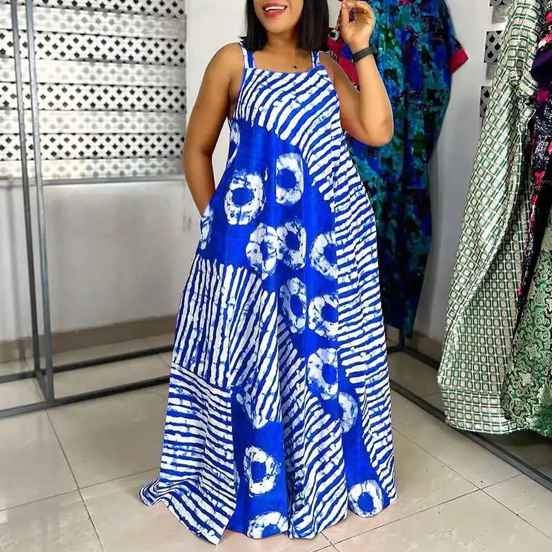 Robe Maxi Bohème Imprimée — Col Carré, Sans Manches, Longueur Cheville