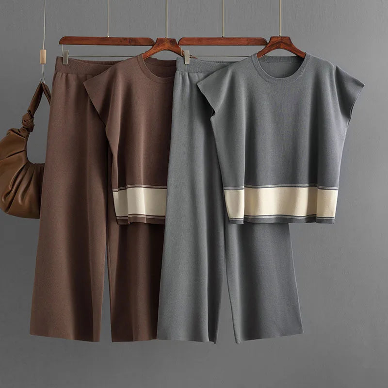 Ensemble 2 Pièces Tricot — Top Col Rond & Pantalon Jambes Larges