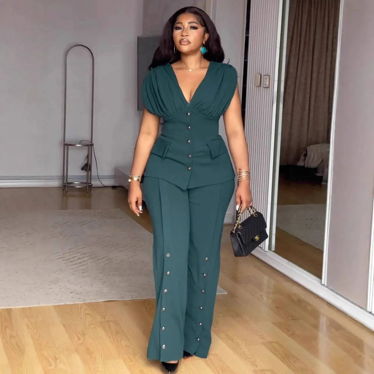 Ensemble 2 Pièces Col en V & Taille Cintrée — Pantalon Jambes Larges, Poche, Longueur Cheville