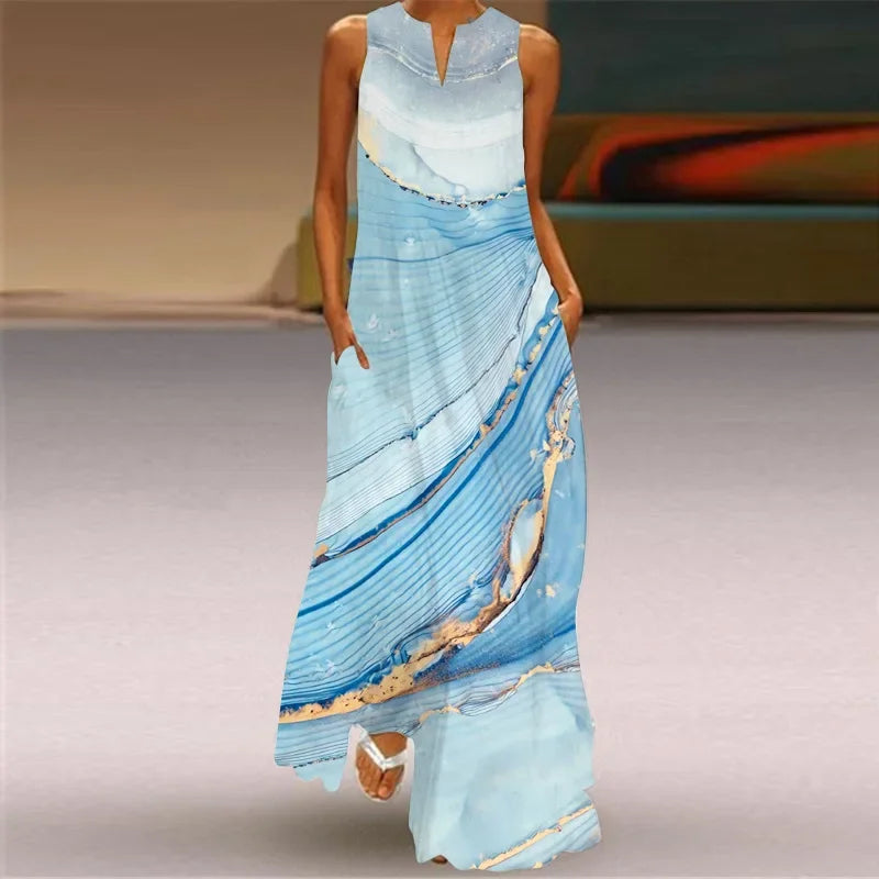 Robe Longue Imprimée Artistique — Col en V, Sans Manches, Poche, Longueur Sol