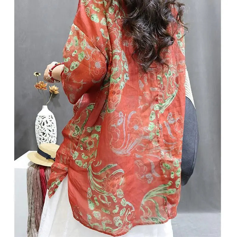 Chemise Mi-Longue Style Chinois — Col Mandarin, Manches Courtes, Imprimé Floral, Coupe Lâche