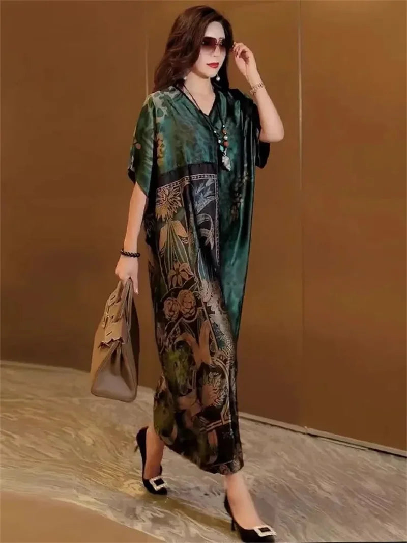 Robe Longue Rétro — Col en V, Imprimé Floral & Poche