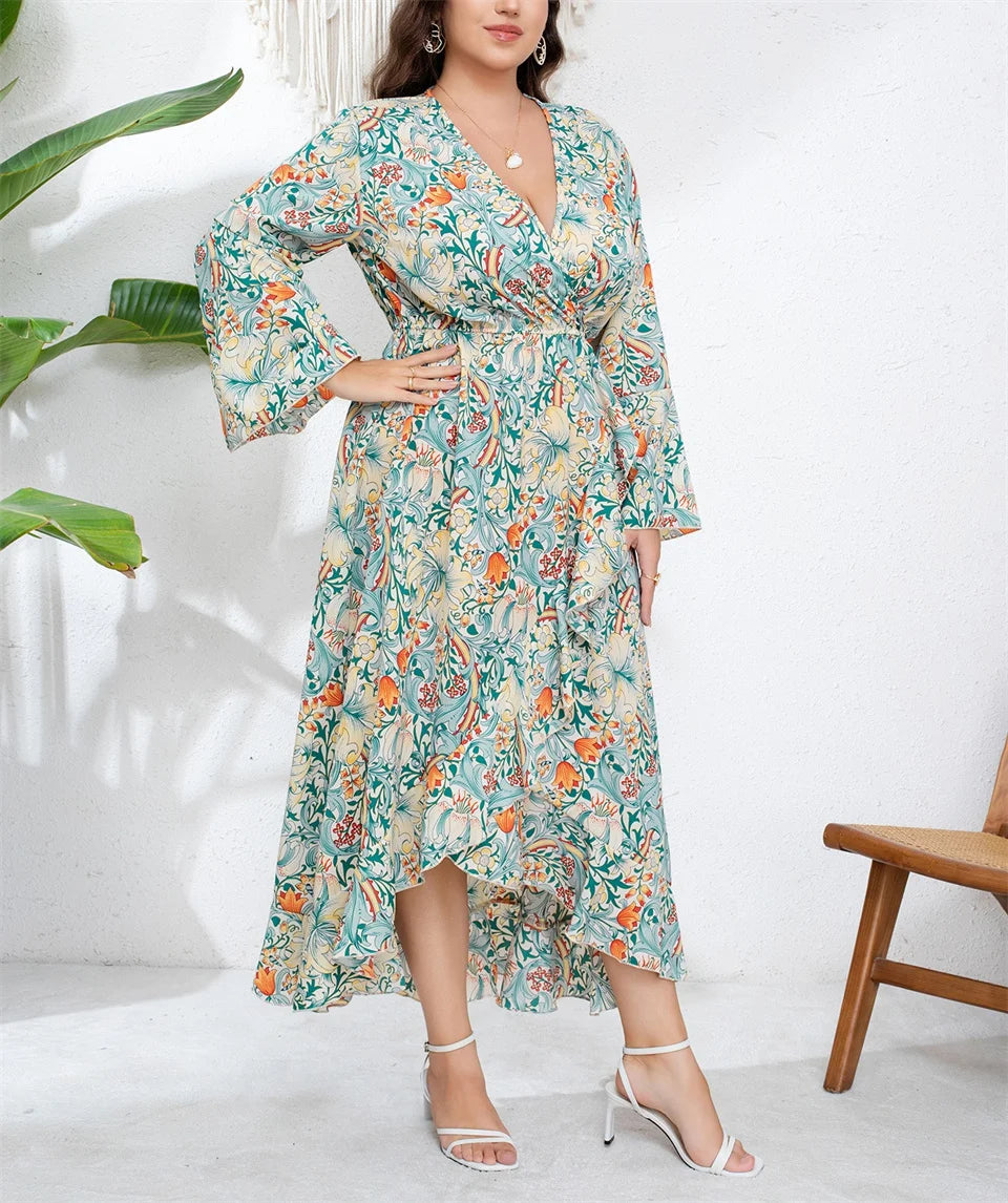 Robe Longue Asymétrique Florale Vert Sauge – Col V & Manches Évasées